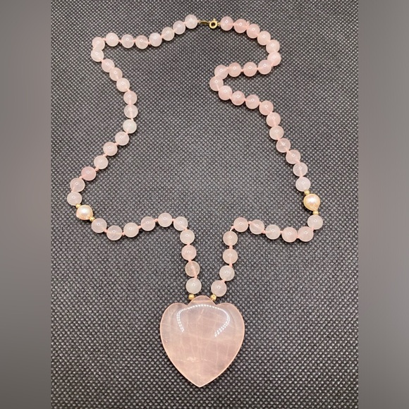 Jewelry - 14k Hong Kong WW Rose Quartz Beaded Heart Pendant Necklace